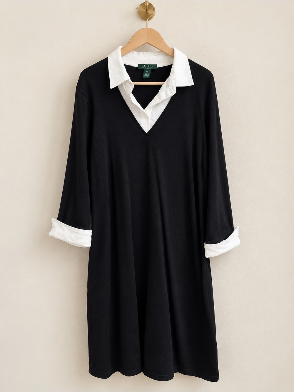 Lauren Ralph Lauren 1X Black & White Collared Dress Long Sleeve